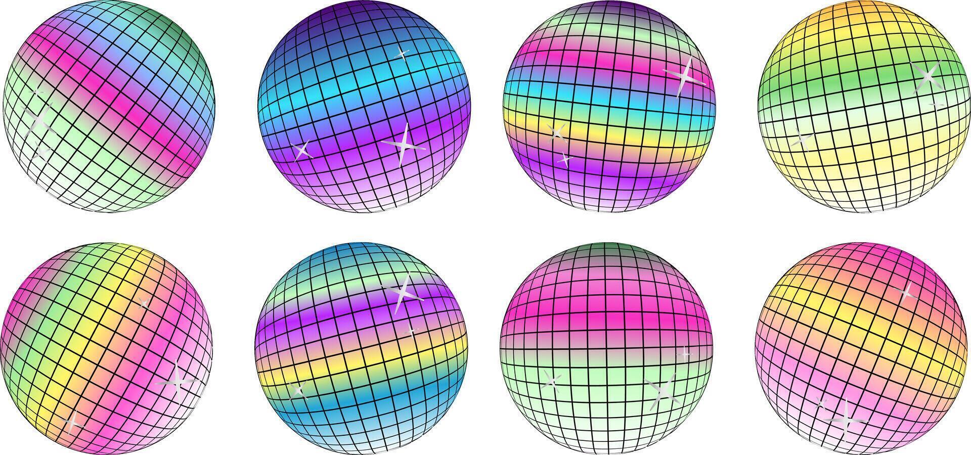 Set of 8 disco balls with silver glitter, gradient colors of rainbow, lgbt, and unicorns creating a dynamic and festive atmosphere for your party design. vector