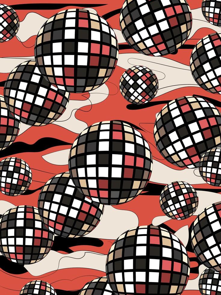 Background disco balls of different sizes and gasoline spills in red and black. Dynamic, a sense of energy and excitement with a retro touch. vector