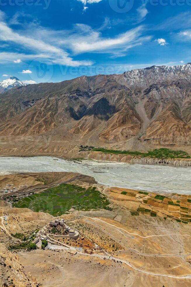 Aerial view of Spiti valley and Key gompa in Himalayas photo