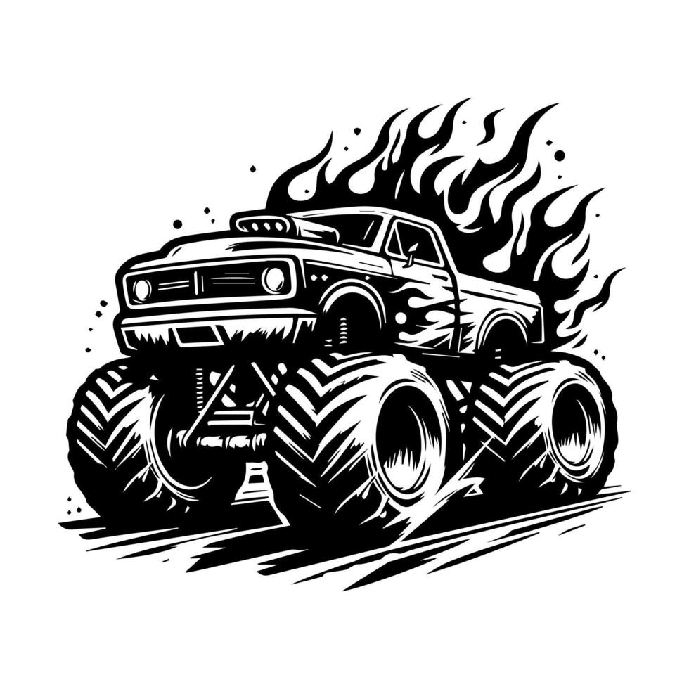monster car and flame logo design for t-shirt clothing brand. T-shirt logo design concept vector