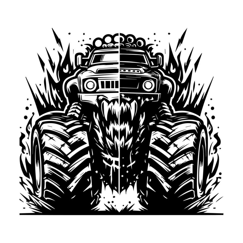 monster car and flame logo design for t-shirt clothing brand. T-shirt logo design concept vector