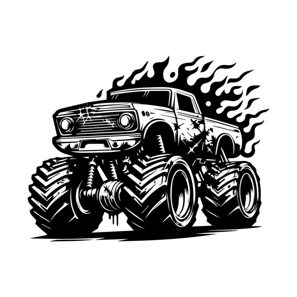 monster car and flame logo design for t-shirt clothing brand. T-shirt logo design concept vector