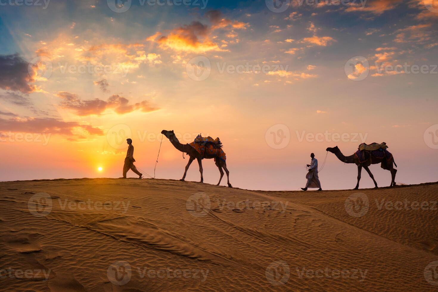 Indian cameleers camel driver with camel silhouettes in dunes on sunset. Jaisalmer, Rajasthan, India photo