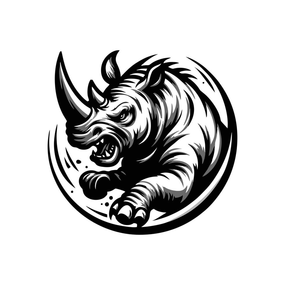 Angry running rhinoceros logo design. Rhino horn desgn illustration vector