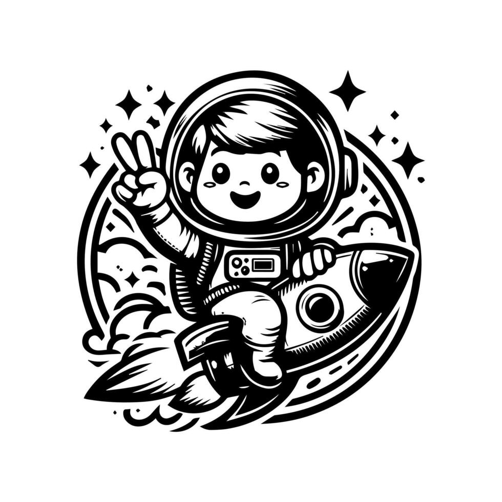 cute cartoon astronauts waving hand and riding a rocket vector
