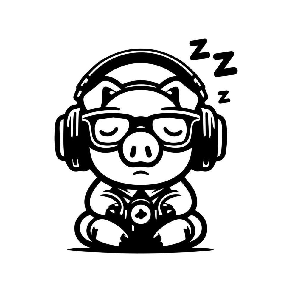 cute pig is sleeping listening to music. design illustration vector