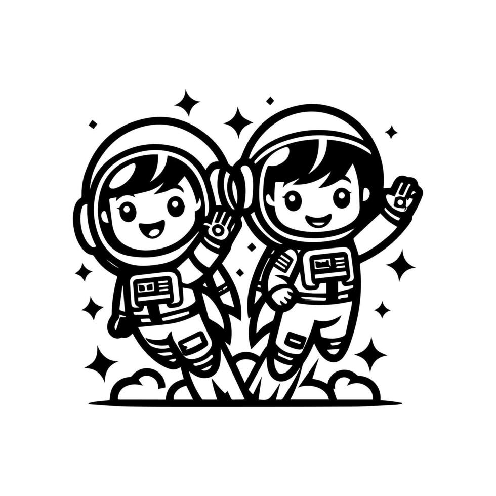 cute cartoon astronauts waving hand and riding a rocket vector