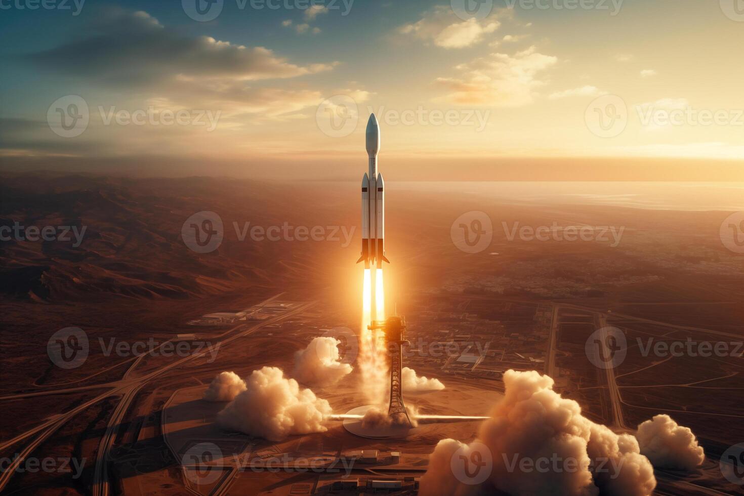 Aerial view of rocket launch at sunrise over ocean coast photo