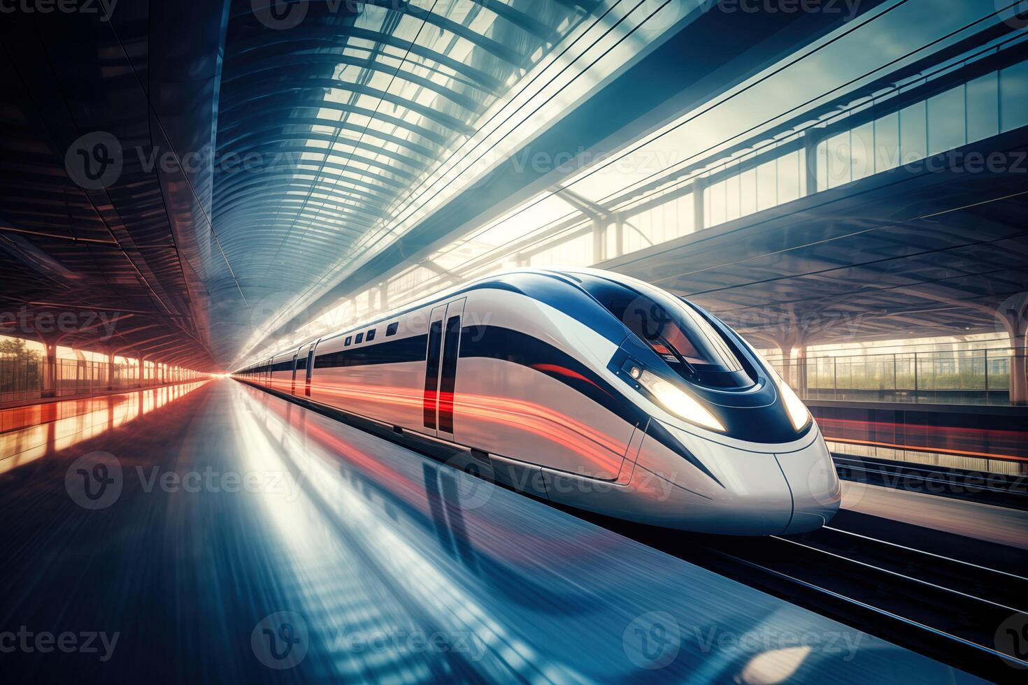 Modern high speed train in futuristic train station photo