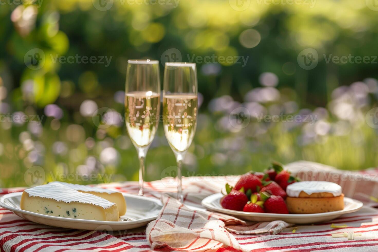 Summer picnic with sparkling wine, strawberries and cheese. photo