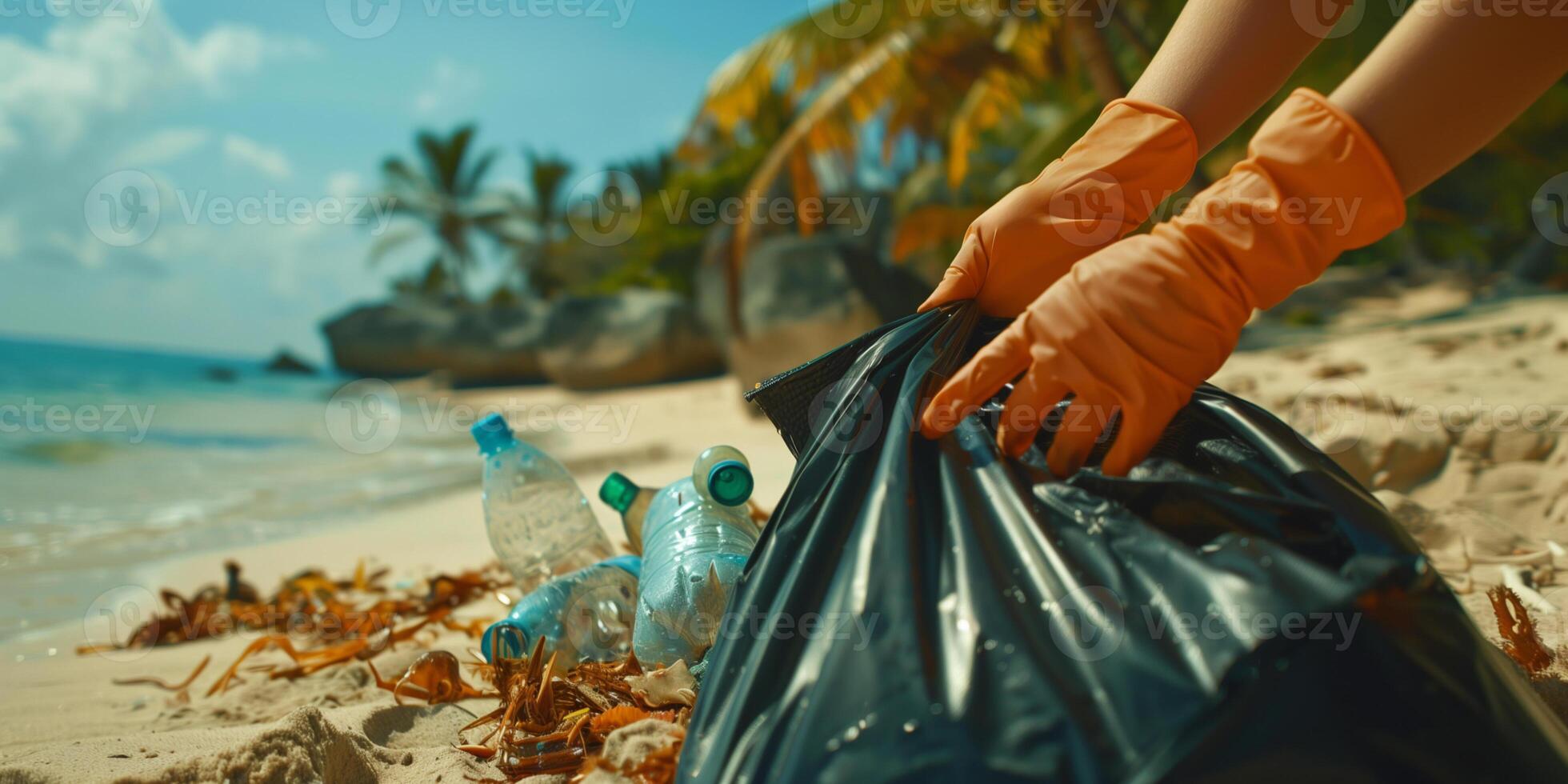 Volunteer picking up plastic trash in garbage bag on tropical beach. Problem of environmental pollution by plastic and recycling. photo
