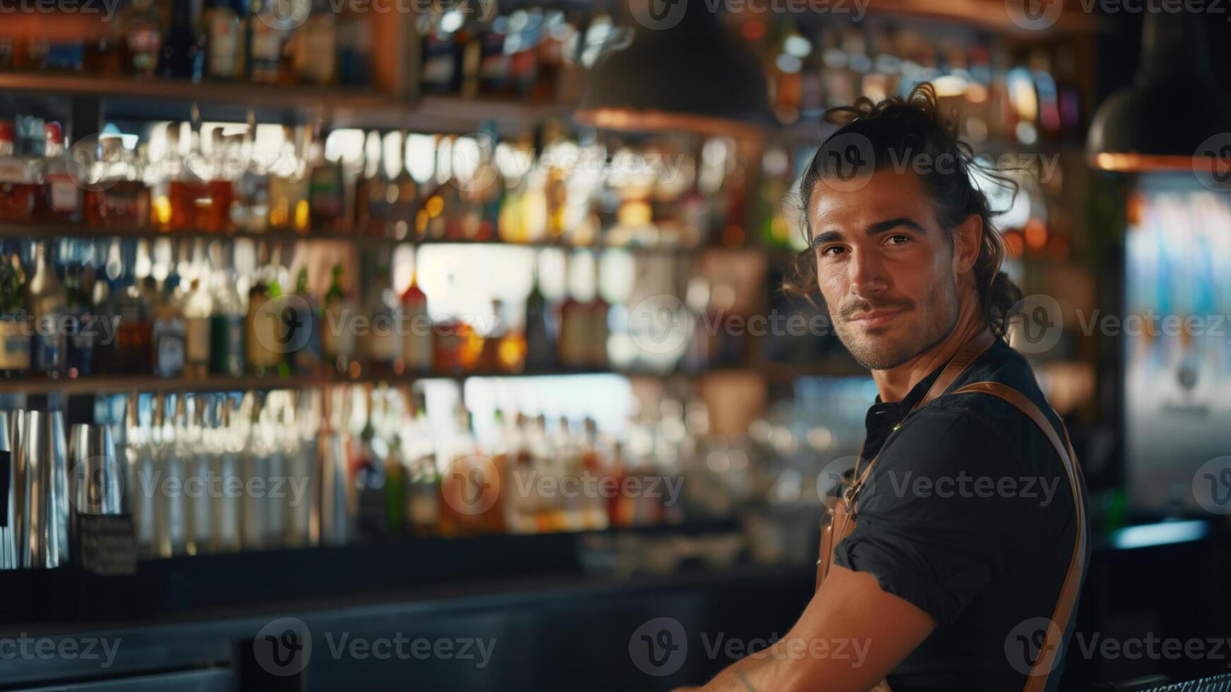 Handsome barman standing at bar counter. Copy space. photo