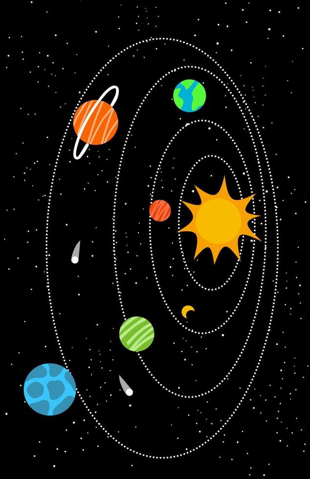 Galaxy illustration with planets and stars in space with sun at the center vector