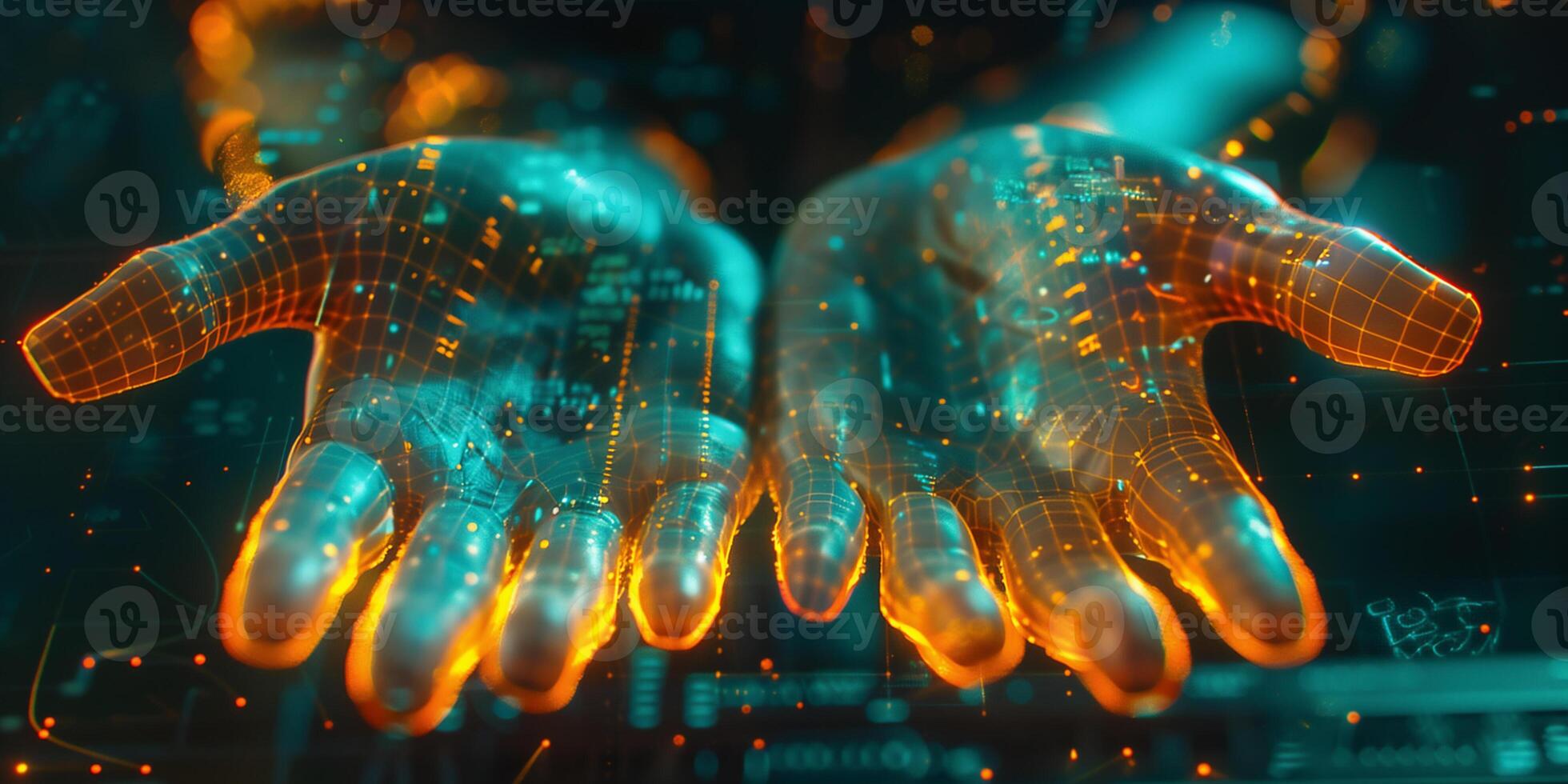 Artificial intelligence using for information security, network technology and computer innovation concept. Futuristic blue coloured hands of cyborg hands illuminated orange. photo