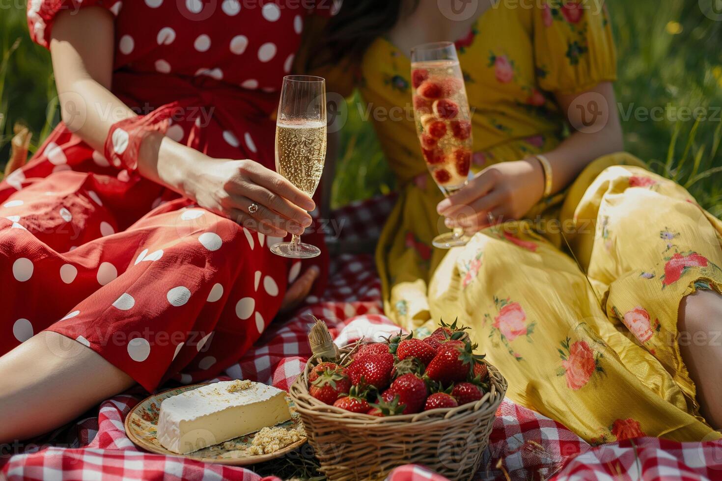 Dining al fresco, weekend activity. Two women relaxing on summer picnic drinking sparkling wine and eating strawberries with cheese. photo