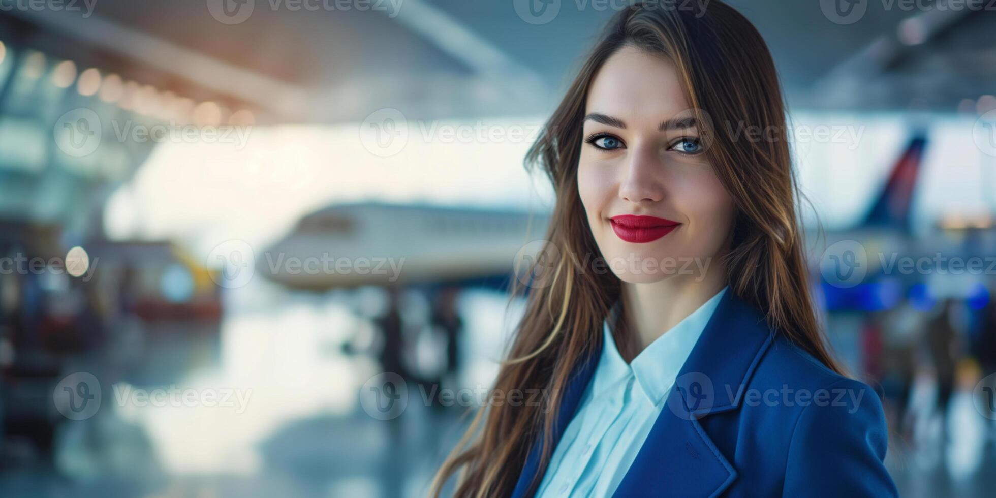 Stewardess in flight uniform stands in aircraft hangar. Flight attendant portrait. Widescreen banner, copy space. photo