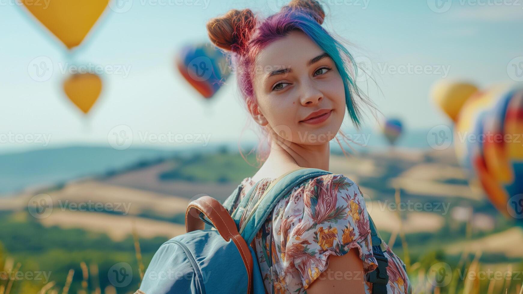 Summer active rest, adventure. Traveling gen z girl with coloured hair standing in front of hills with colourful aerostats in sky. photo