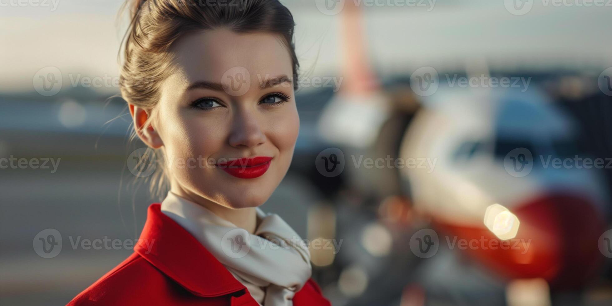 Flight attendant in red uniform stands in front of passenger plane. Widescreen banner, copy space. photo