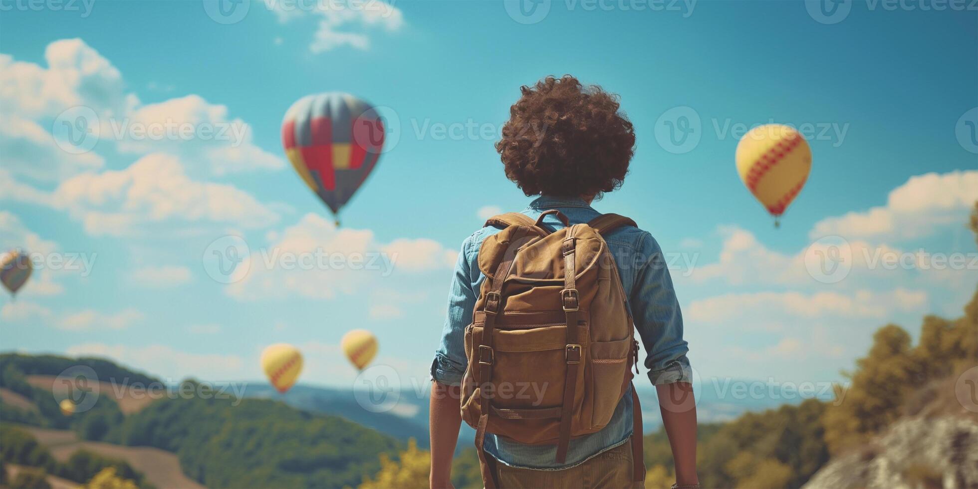 Summer mountain journey. Traveling man standing in front of mountain range and looking at colourful aerostats in sky. photo