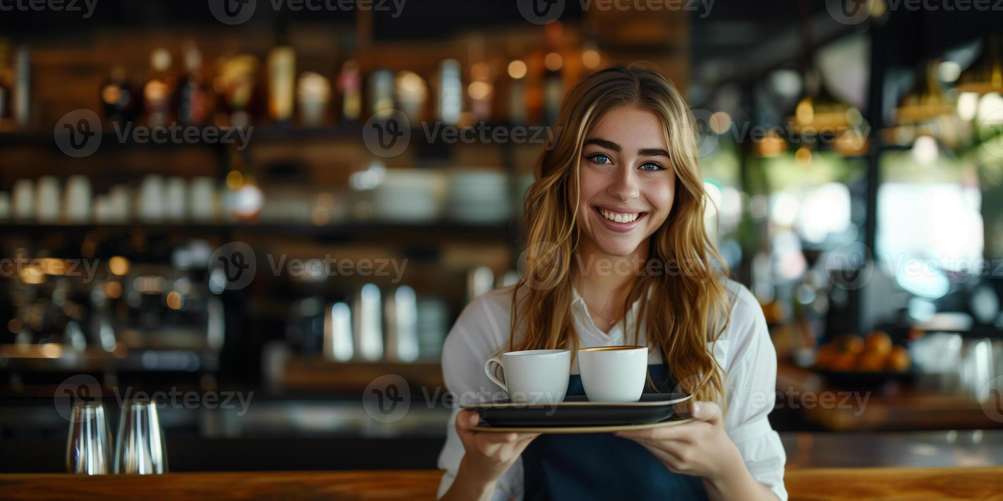 Working staff in restaurant and bar. Beautiful waitress is smiling and holding tray with coffee cups. photo
