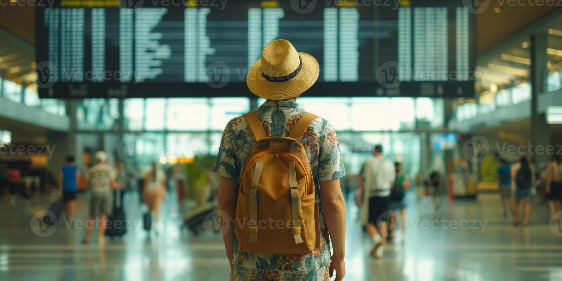 Traveler person standing in busy airport terminal and looking at departure board, waiting for his flight. photo