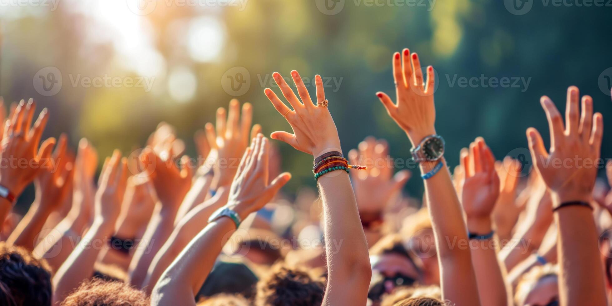Crowd of people are at summer open air concert. People holding their hands up at live music performance. photo
