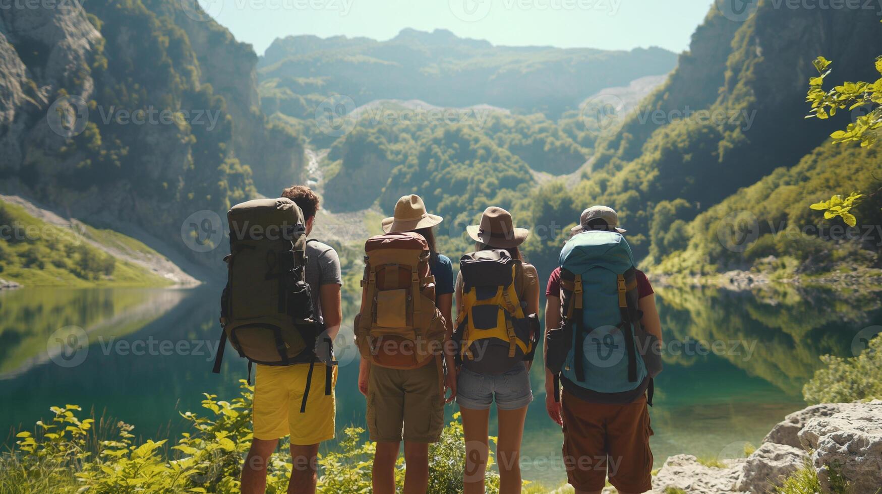 Summer mountain hiking. Group of hikers taking break from journey. Four people are standing in front of mountain lake. photo