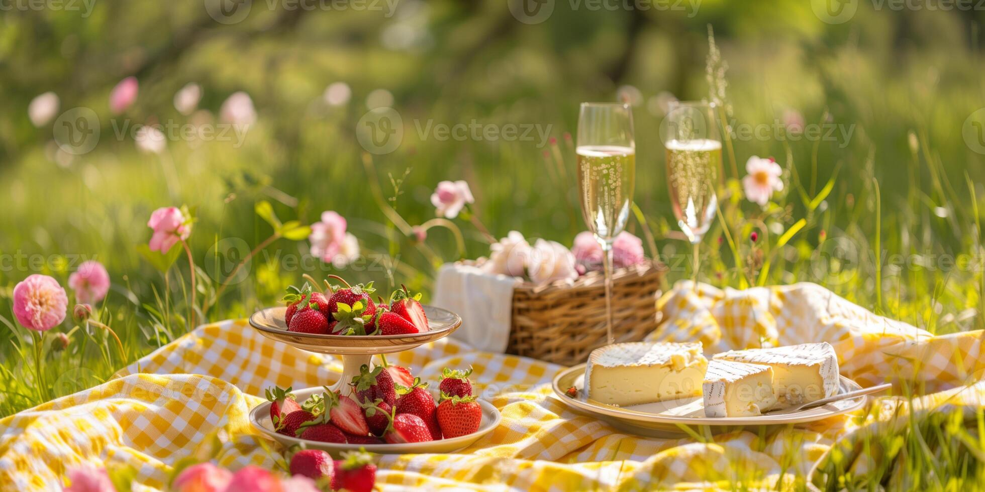 Summer picnic with sparkling wine, strawberries and cheese. Dinning outside in countryside. photo