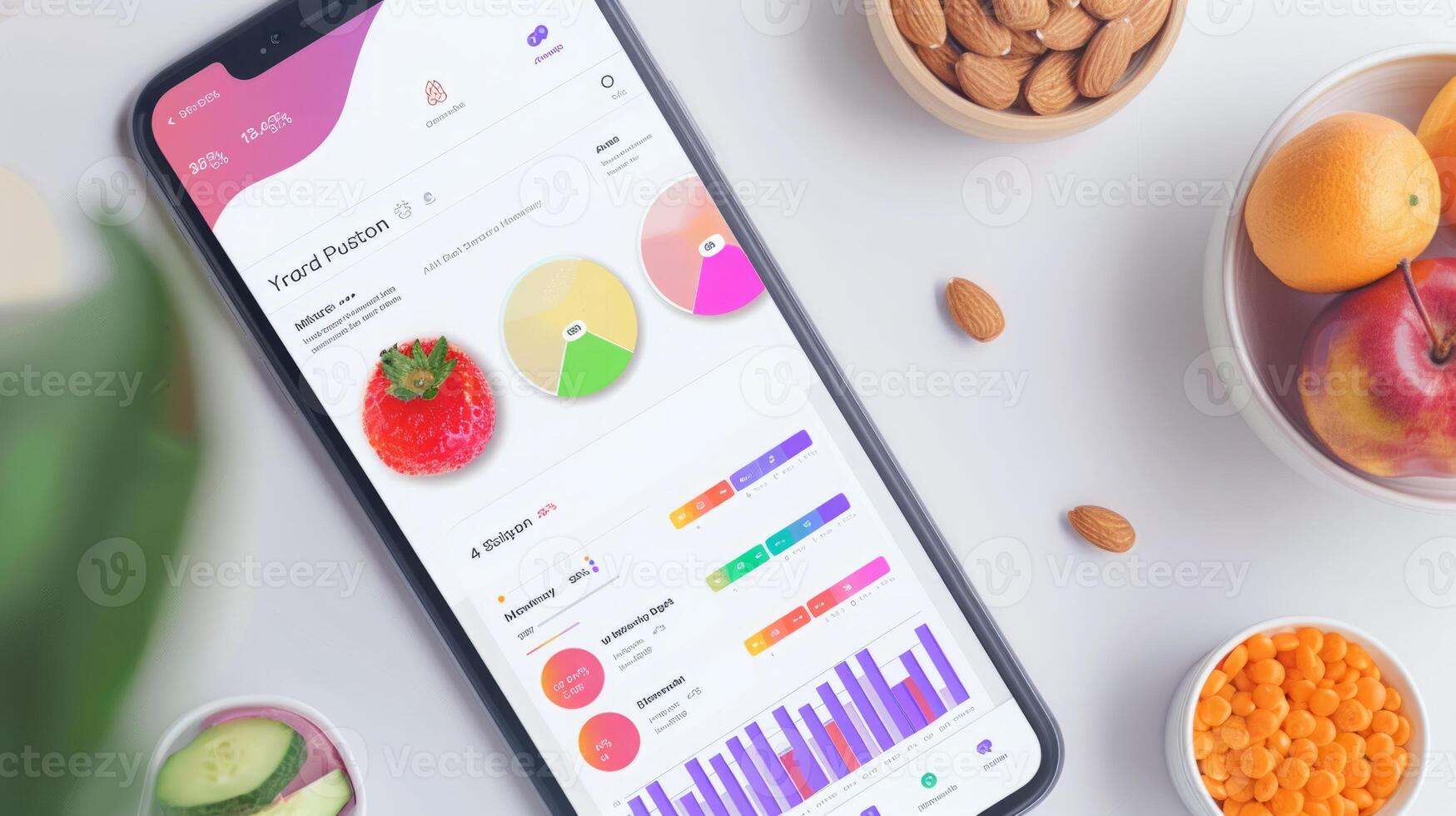A smartphone displaying a health and fitness app with graphs and charts, surrounded by various healthy snacks like almonds, fruits, and orange seeds. photo