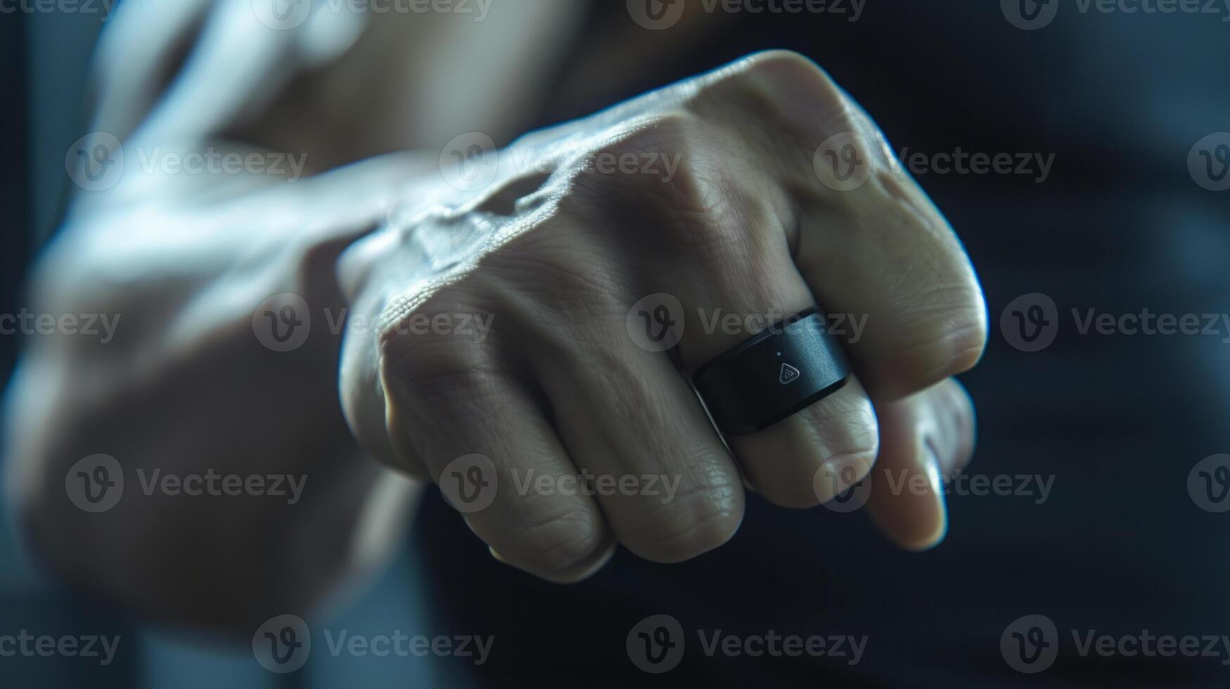 A closeup image of a black smart ring worn on a persons finger. The ring is prominently featured, with the rest of the persons hand and arm slightly out of focus in the background. photo