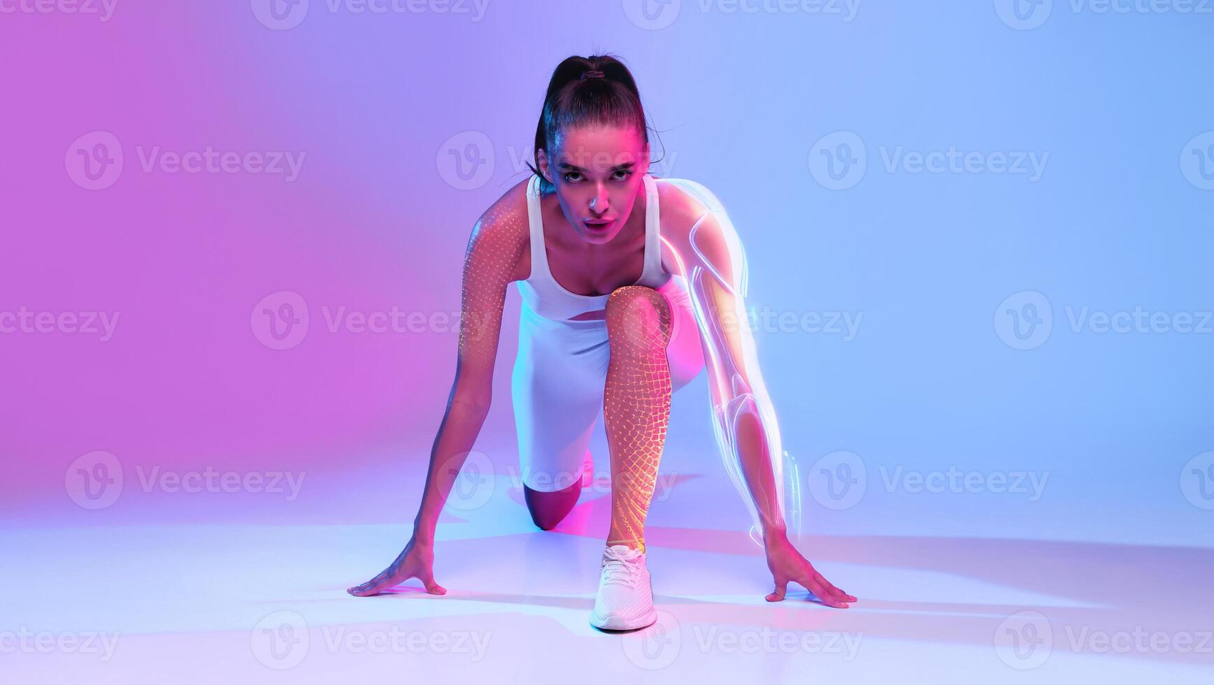 Front-View Of Motivated Lady Runner Doing Crouch Start Looking At Camera Ready For Race Posing On Pink And Blue Neon Studio Background. Fit Woman Preparing For Running Workout. Digital Sport, Collage photo