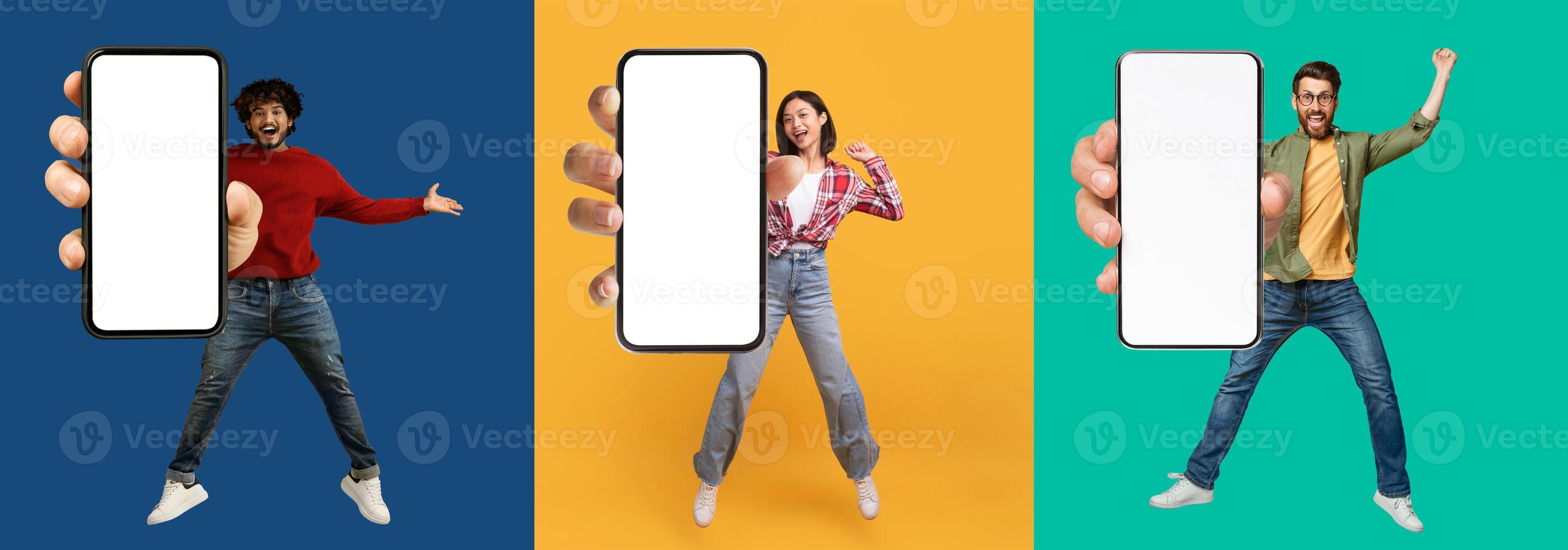 Happy multiethnic millennials two guys and one woman jumping in the air with smartphones in their hands, showing phone blank empty screen, colorful background, set of photos, collage photo