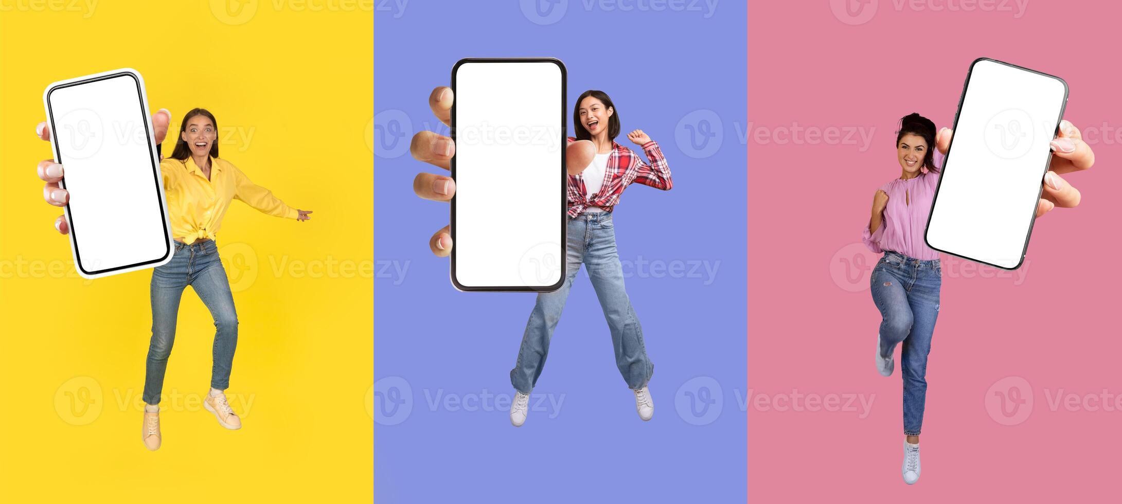 Happy multiethnic millennial three women jumping in the air with smartphones in their hands, showing phone blank empty screen, colorful background, set of photos, collage. Mobile app, online offer photo