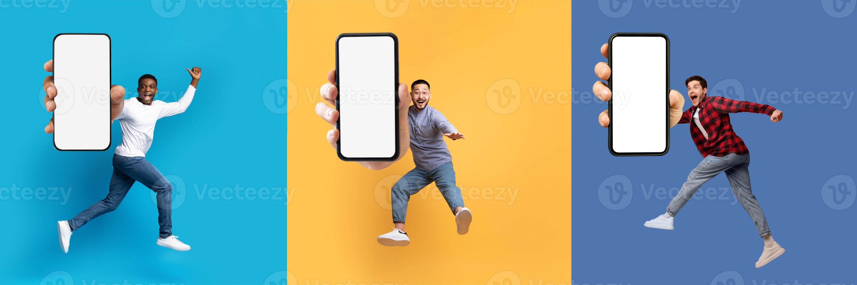 Happy multiethnic millennials three guys jumping in the air with smartphones in their hands, showing phone blank empty screen, colorful background, set of photos, collage photo