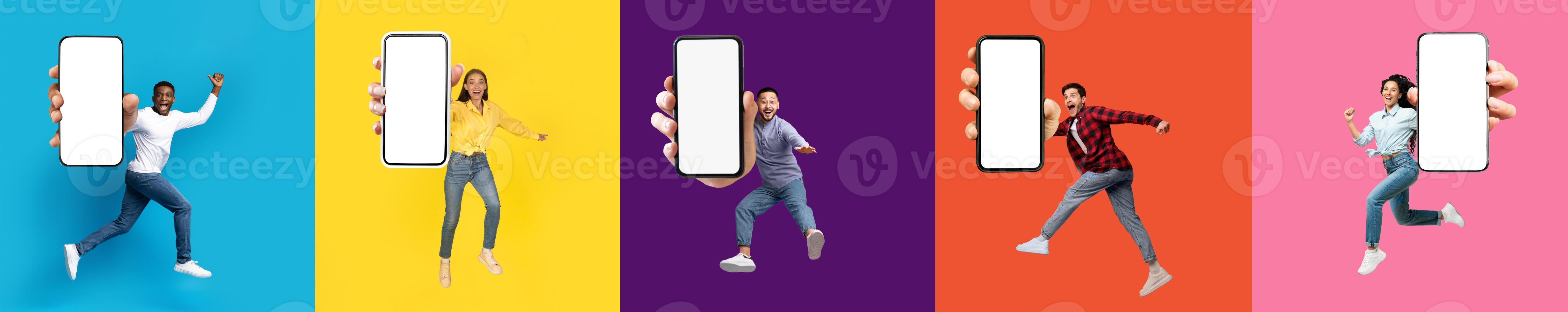 Joyful happy funny young men and women showing phones with white blank screen, thrilled multiracial millennials showing nice offer, jumping on colorful backgrounds, collage, web-banner photo