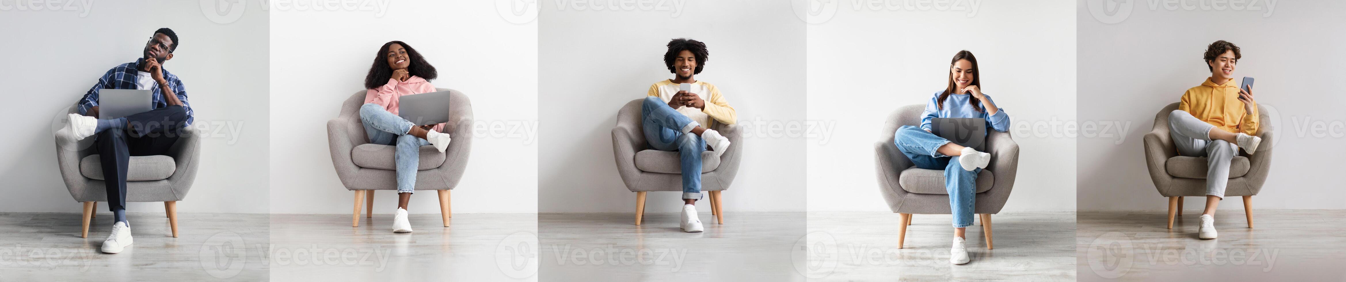 Online Offer. Collage With Happy And Pensive Diverse People Using Laptops And Phones Sitting In Armchairs Indoor. Panorama, Five Young Men And Women Websurfing With Different Emotions photo