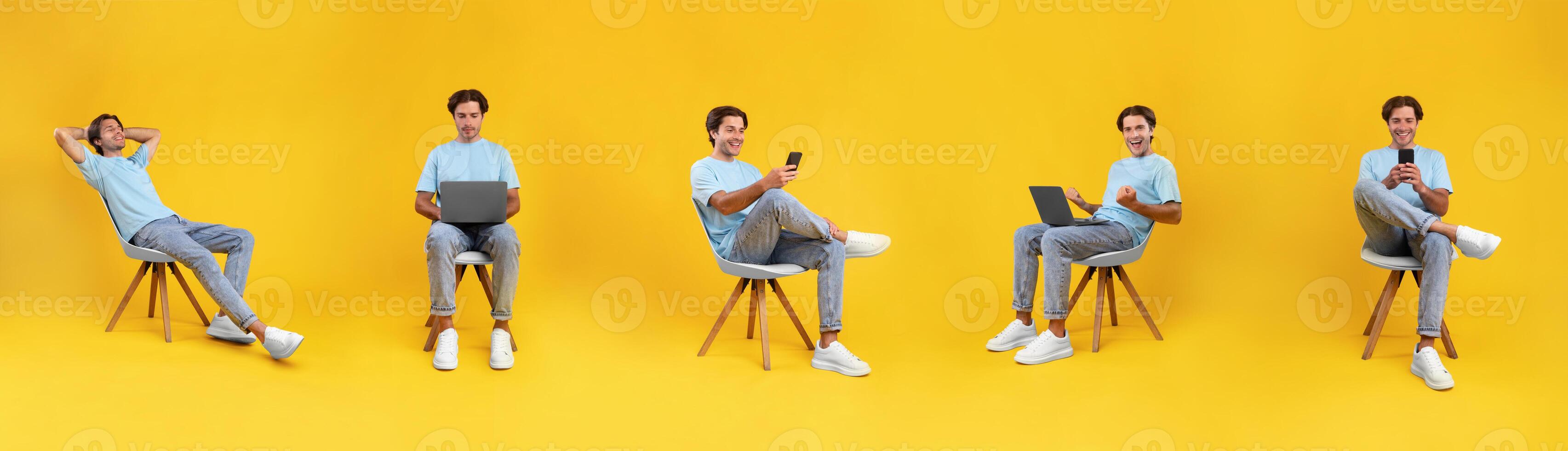 Collage with european man using laptop and cellphone, browsing web engaging in digital leisure, sitting on chair over yellow studio background, panorama photo