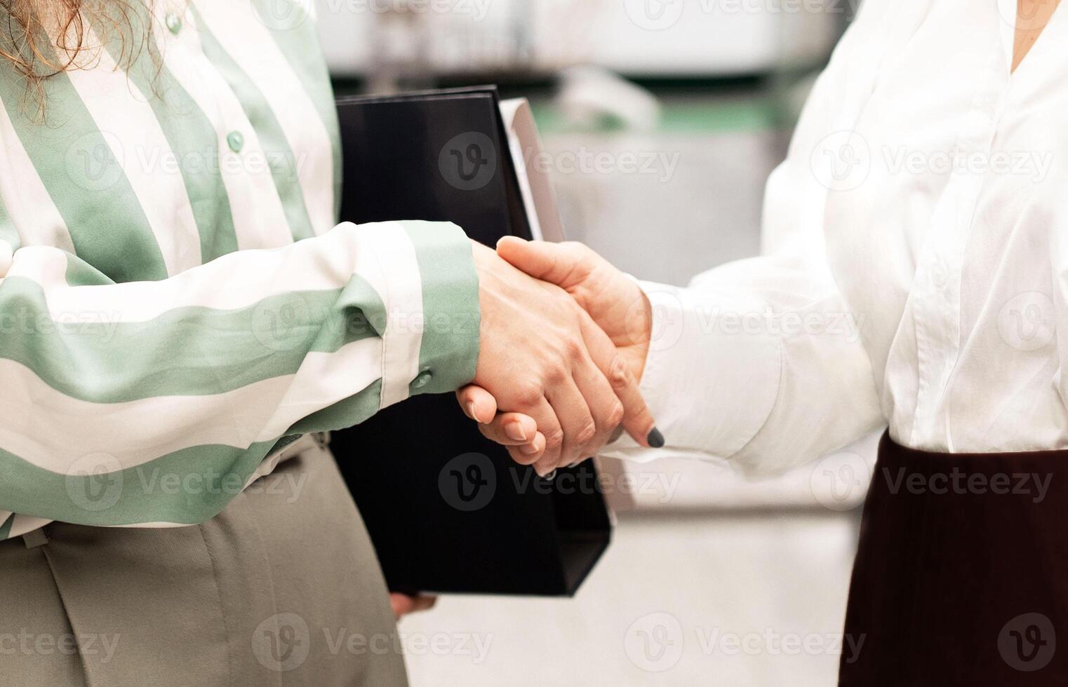 Business Partnership. Cropped Shot Of Two Businesswomen Shaking Hands In Agreement And Cooperation, During Meeting For Job Interview At Modern Office Indoors. Closeup Of Handshake Greeting Gesture photo