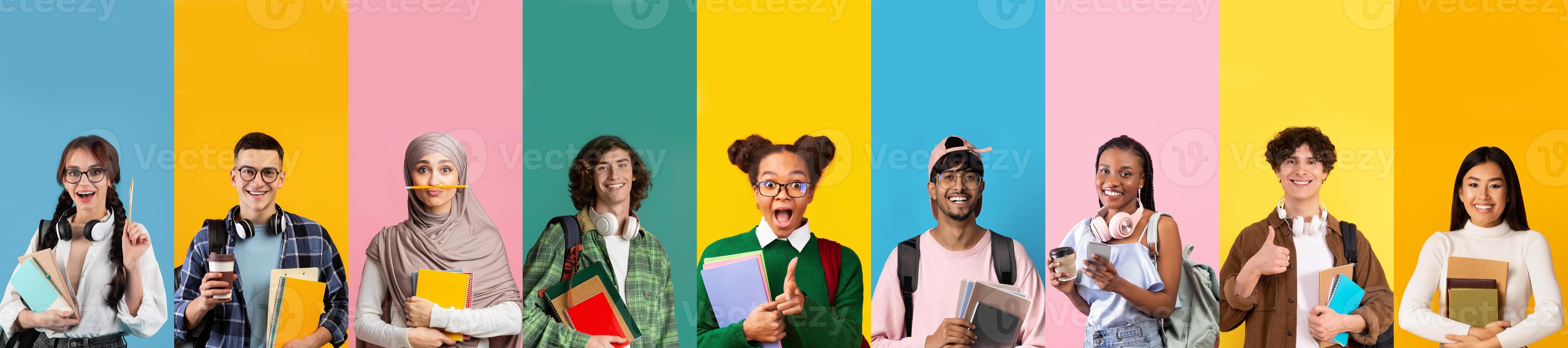 Diverse group of cute stylish multiethnic teenagers guys and ladies posing on colorful backgrounds, carrying backpacks and notebooks, collage for education and student lifestyle concept photo