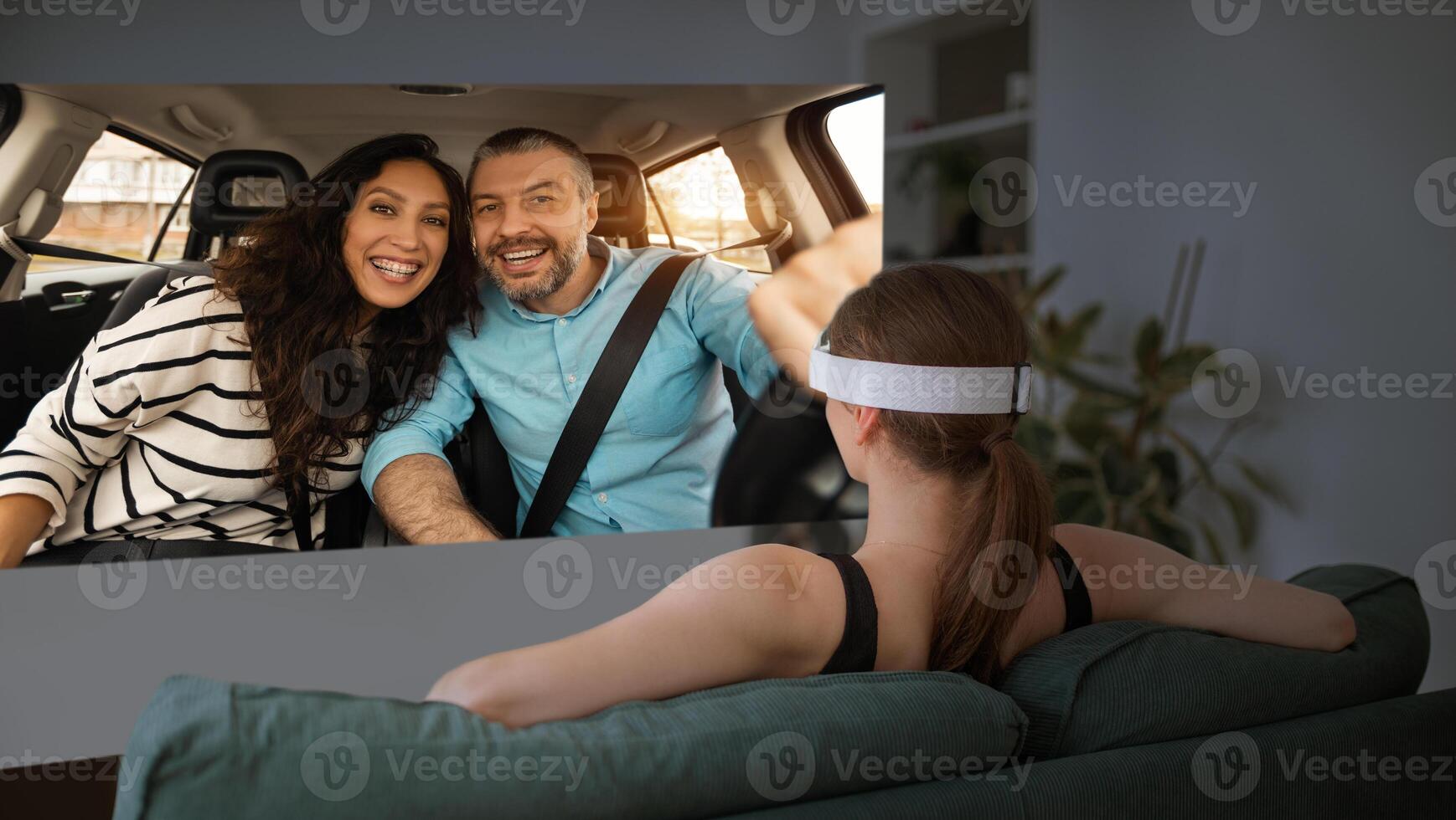 VR Communication. Woman In Virtual Reality Headset Communicating With Family Couple, Looking At Digital Screen At Home. Happy Friends Calling With Augmented Reality. Collage photo