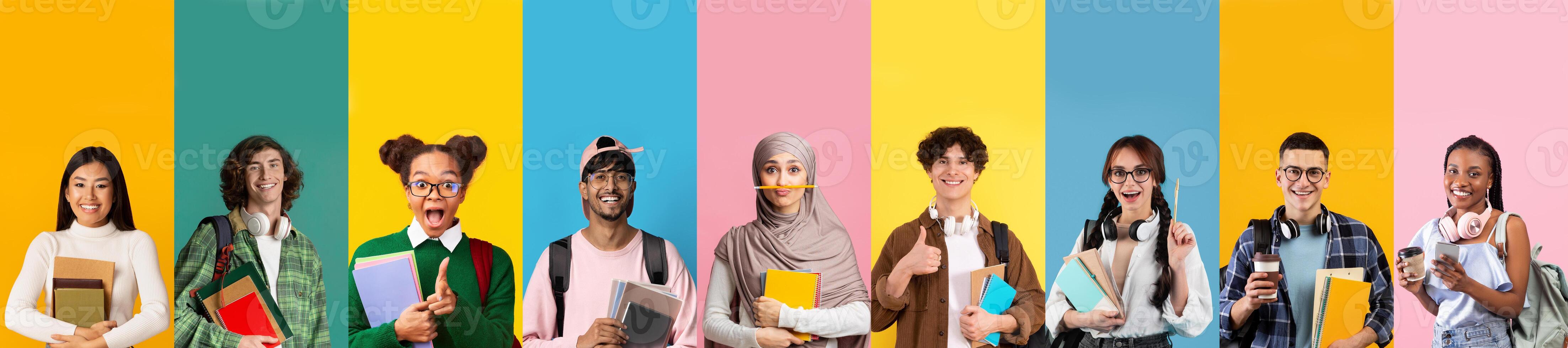 Diverse group of happy multicultural stylish young people students carrying backpacks books and notepads posing colorful background, collage. School, college, university, education photo