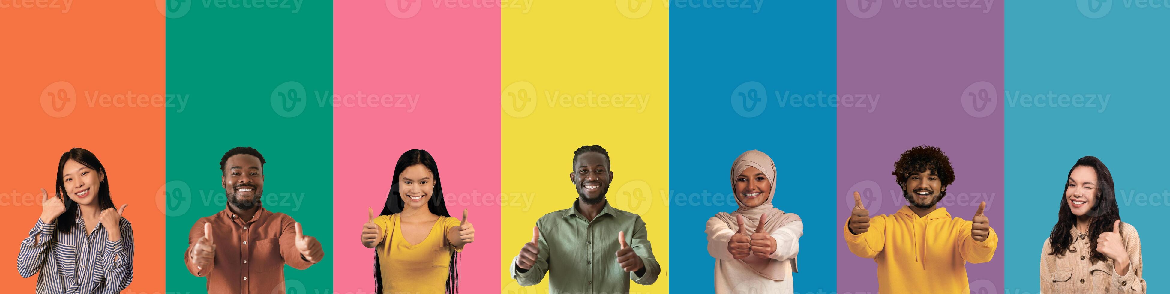 Human emotions and gestures concept. Happy smiling multicultural millennial men and women showing thumb ups gesture over colorful backgrounds, collage, banner photo
