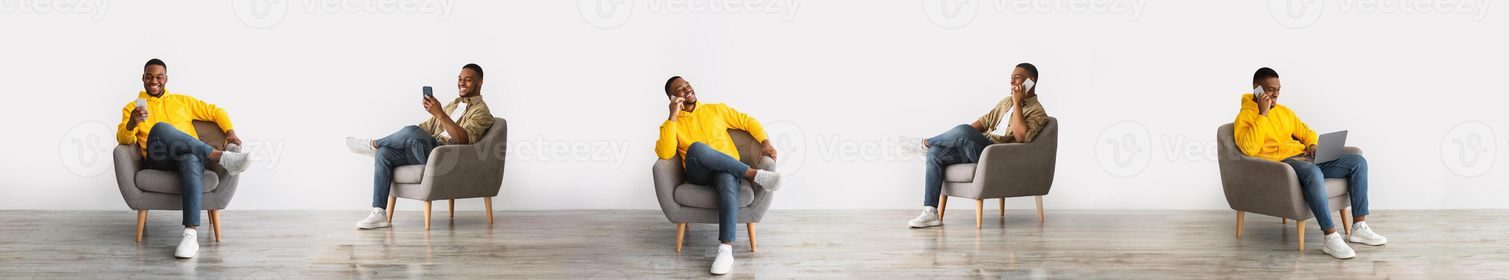 Gadgets Lifestyle. Set Of African American Guy Talking And Texting Via Phone And Using Laptop Computer For Remote Work Sitting In Armchair On White Studio Background. Collage, Panorama photo