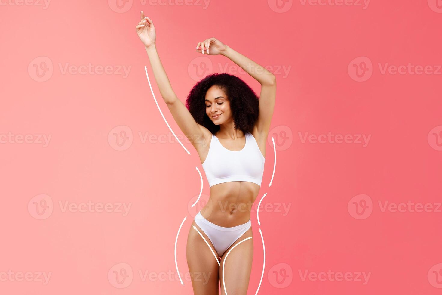 Fitness and wellness. Athletic and healthy young black lady proudly showing her toned physique, promoting the benefits of regular exercise and balanced lifestyle, color studio background, collage photo