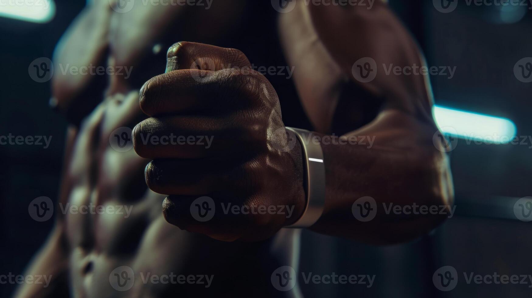 A close-up shot of a muscular mans arm, showing his defined biceps and a fitness tracker on his wrist. photo