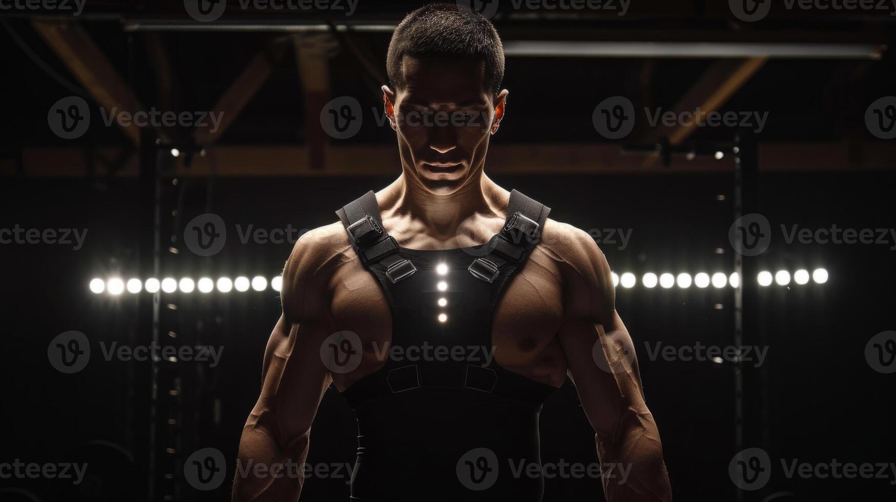 A muscular man in a dark gym setting wears a black safety vest with bright white lights. photo