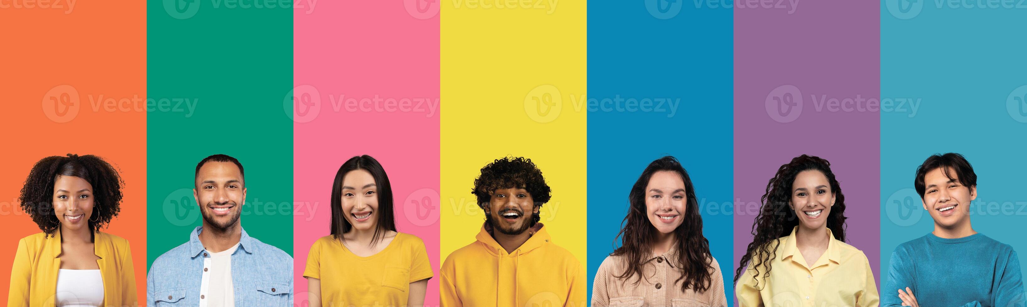 Colorful mosaic of happy faces and portraits of young millennial people smiling posing on different colored backgrounds. Millennials generation, cheerful multicutural people group portrait. Collage photo