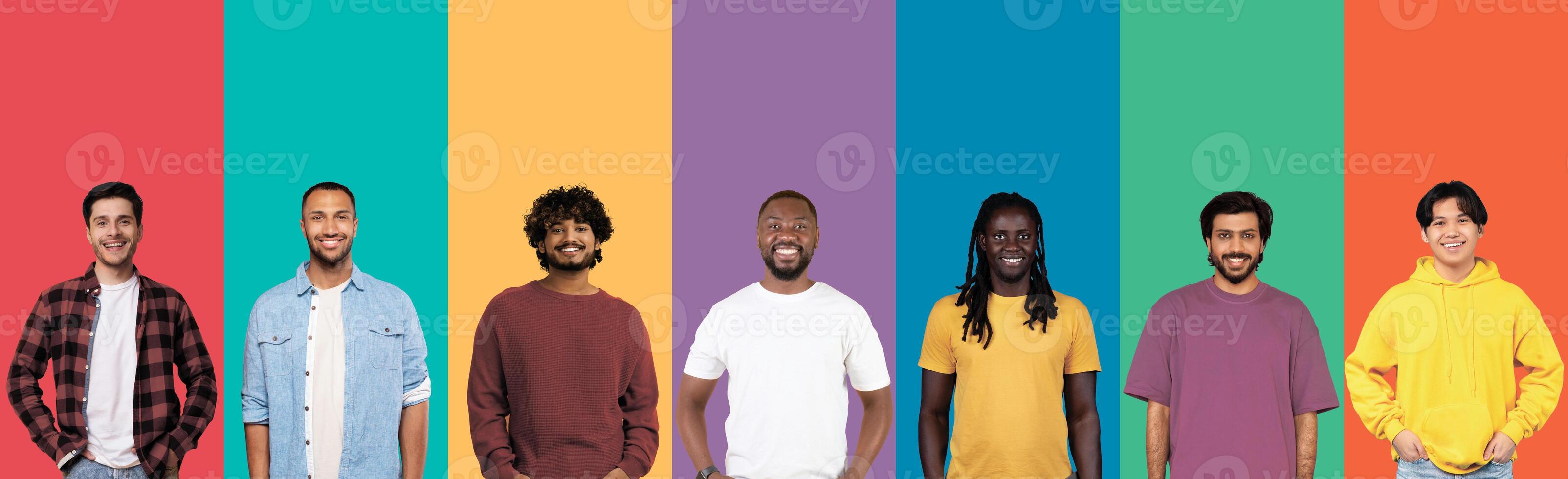 Diversity And Variety Concept. Creative composite collage series of optimistic multicultural men smiling on colorful studio backgrounds. Headshot portraits of multiracial guys, male photoshoot photo