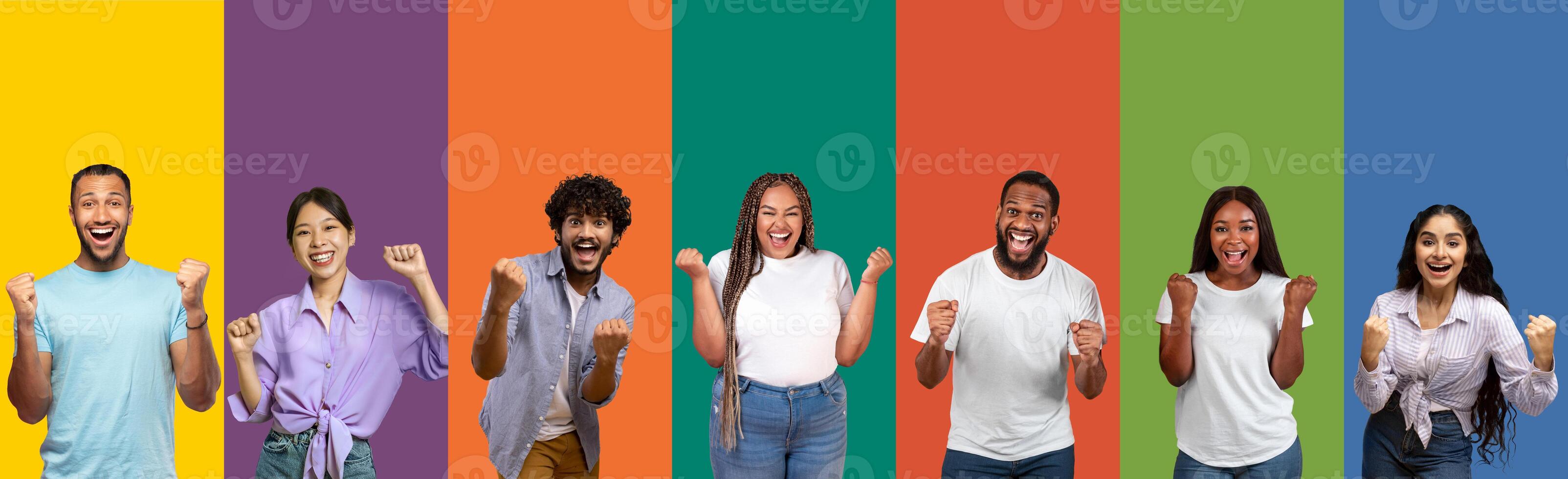 Colorful mosaic of happy faces and portraits of diverse people smiling posing on different colored backgrounds, celebrating success. Successful multicutural people group portrait. Collage photo