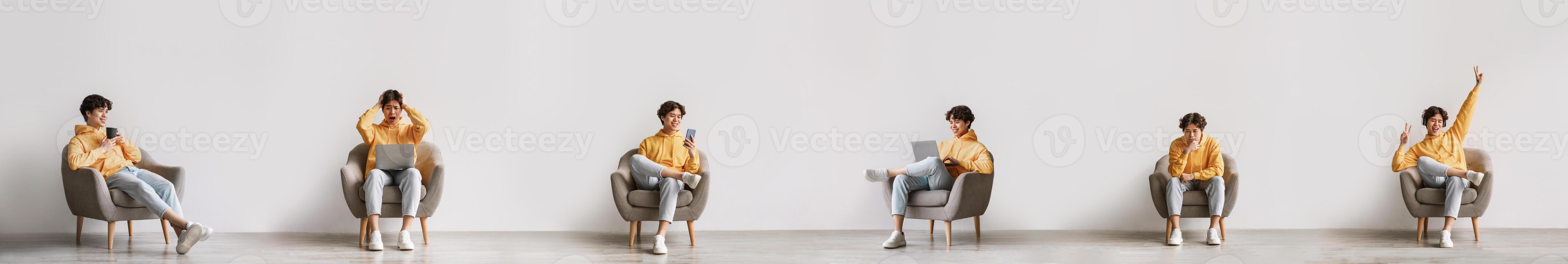 Internet And Gadgets. Collage With Asian Guy Using Laptop And Cellphone, Browsing Web Engaging In Digital Leisure, Expressing Different Positive And Negative Emotions, Sitting In Chair Indoor photo